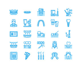 Dentist, orthodontics line icons. Dental equipment, braces, tooth prosthesis, veneers, floss, caries treatment medical elements. Health care thin linear signs for dentistry clinic Pixel perfect 64x64.