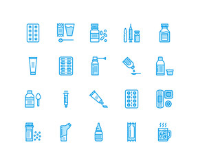 Medicines, dosage forms line icons. Pharmacy medicaments, tablet, capsules, pills, antibiotics, vitamins, painkillers. Medical threatment, health care linear signs for drug store Pixel perfect 64x64
