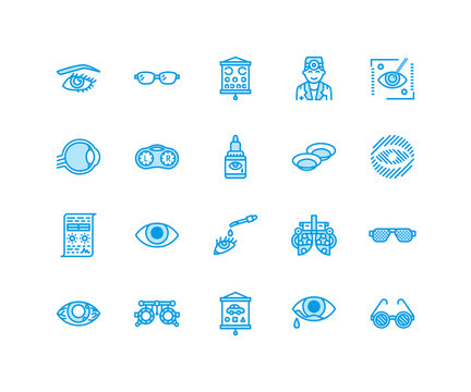 Ophthalmology, eyes health care line icons. Optometry equipment, contact lenses, glasses, blindness. Vision correction thin linear signs for oculist clinic. Pixel perfect 64x64.