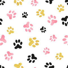 Dog paw print seamless pattern in pink, black and golden colors.