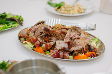 Christmas turkey on restaurant white table.