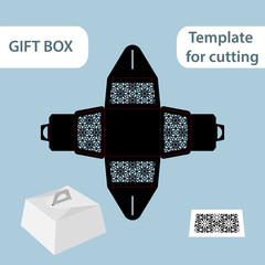 Openwork gift paper box with a handle, lace pattern, assembly without glue, cut out template, packaging for retail, greeting packaging, laser cutting template, presents packing, vector illustrations.