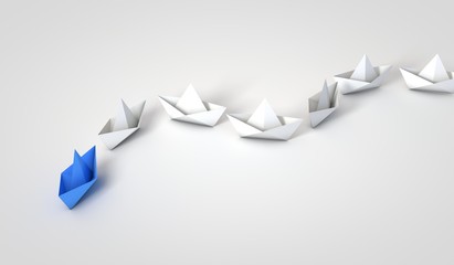 Origami boats leadship concept. 3D Rendering