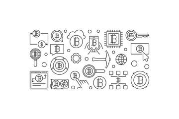 Cryptocurrency horizontal outline banner - vector bitcoin mining