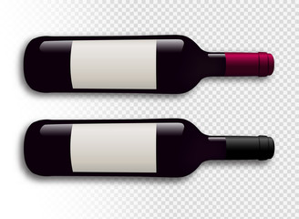 Illustration of red wine bottles with transparent background. Wine bottles with shadow. Wine bottles with label. Vector drawing isolated.