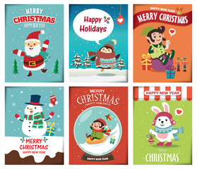 Vintage Christmas poster design with vector Santa Claus, elf, rabbit, penguin characters.