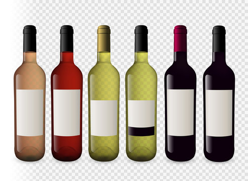 Set illustrations of wine bottles with transparent background. Bottles of red wine, white wine and rosé wine. Plugs of different colors. Model for your designs. Vector illustration.