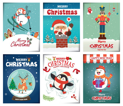Vintage Christmas poster design with vector Santa Claus, elf, penguin, toy soldier characters.