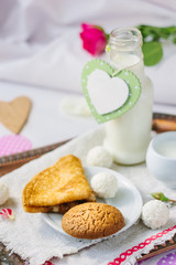Breakfast in bed on Valentine's day in hotel