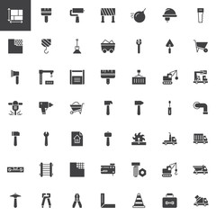 Construction equipment and tools vector icons set, modern solid symbol collection, filled style pictogram pack. Signs, logo illustration. Set includes icons as blueprint, demolition, crane, bulldozer