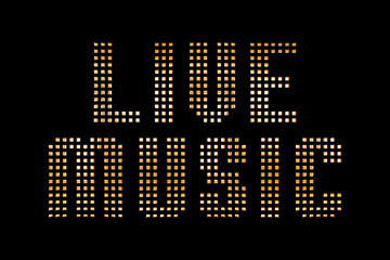 vintage yellow gold metallic live music word text with light reflex on black background, concept of...