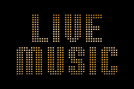 vintage yellow gold metallic live music word text with light reflex on black background, concept of golden luxury music pop concert entertainment event