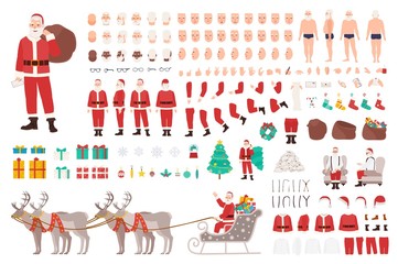 Santa Clause constructor or DIY kit. Collection of Christmas cartoon character body parts, clothes, holiday attributes isolated on white background. Front, side, back view. Vector illustration.