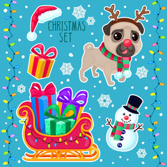 Vector cartoon Christmas set. Color illustrations with a Christmas dog, snowman, sleigh and gifts. New year set with cute pug.