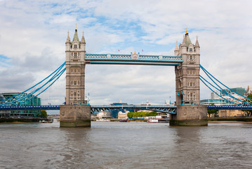 Tower Bridge across River Thames, London, England. iconic Victorian turreted bridge.