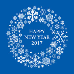 Happy New Year and white Snowflakes on blue background. Vector Illustration