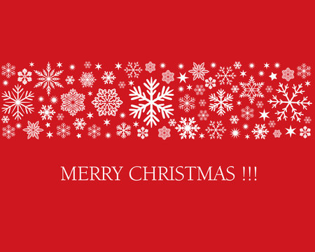 Merry Christmas and white Snowflakes on red background. Vector Illustration