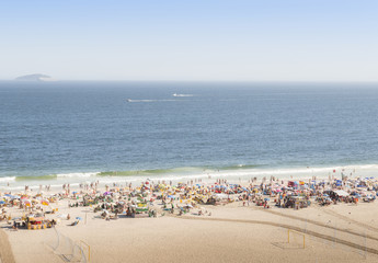 Aerial view of Copacabana Beach in Rio de Janeiro, Brazil on a busy day