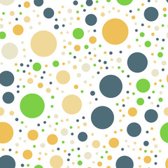 Colorful polka dots seamless pattern on white 13 background. Nice classic colorful polka dots textile pattern. Seamless scattered confetti fall chaotic decor. Abstract vector illustration.