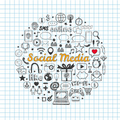Social Media icons set. Vector hand drawn isolated objects. Doodle and sketch style .