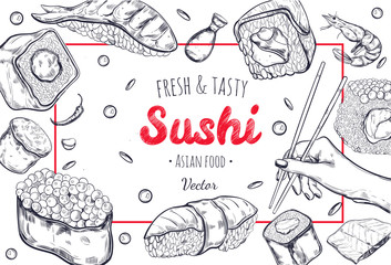 Asian Food poster. Vector Hand drawn illustration, Sushi frame