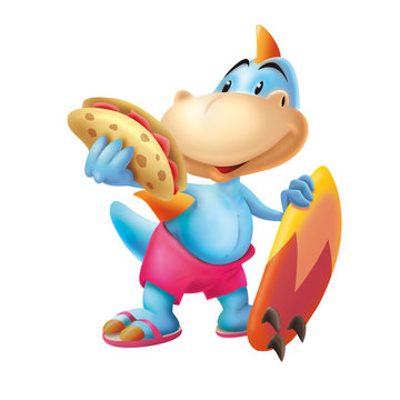 Dinosaur with the surf board and sandwich, surfboard, surfing, wave, animal, cartoon, dinosaur, sandwich
