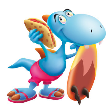 Dinosaur with the surf board and tortilla, surfboard, surfing, wave, animal, cartoon, dinosaur, tortilla