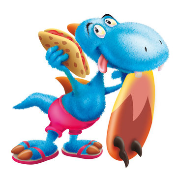 Furry dinosaur the surfer, surfboard, surfing, wave, animal, cartoon, dinosaur, piadine