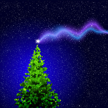 Christmas tree, lowpoly triangle with magical star