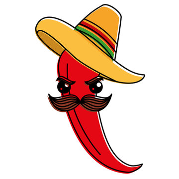 spicy chile with mexican hat kawaii character vector illustration design