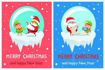 Happy New Year Merry Xmas Postcard Santa and Elf