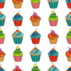 Sweet cape cakes seamless pattern on white background. Textile rapport.