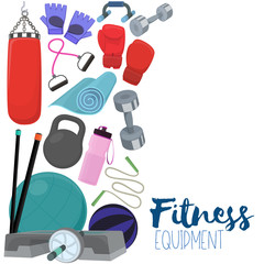 Set of fitness accessories, sketch cartoon illustration of gym equipment for home exercise. Vector