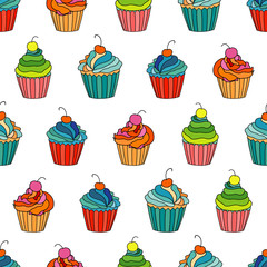 Sweet cape cakes seamless pattern on white background. Textile rapport.