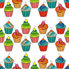 Sweet cape cakes seamless pattern on white background. Textile rapport.