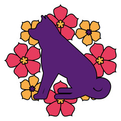 dog mascot silhouette with floral background vector illustration design