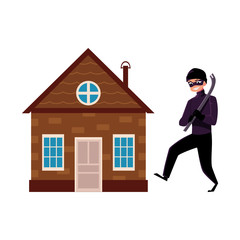 Vector flat house insurance concept set. House being attacked by housebreaker, burglar or thief in black suit holding crowbar. Isolated illustration on a white background.