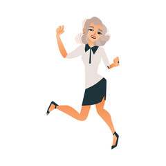 Cute woman in office, corporate clothing jumping smiling. Beautiful blonde successful business girl in formal suit, skirt dancing. Vector cartoon isolated illustration on a white background.
