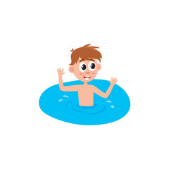 vector flat cartoon children at summer camp concept. Caucasian teen boy having fun in river or swiiming pool. Isolated illustration on a white background.
