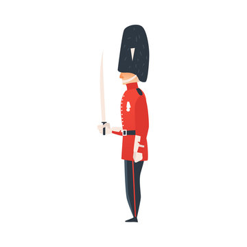 vector cartoon queen guard. Man in traditional english, british UK england red uniform, soldier holding weapon. Isolated illustration on a white background.