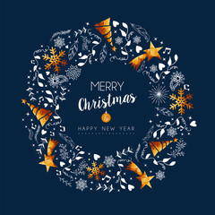 Christmas and new year gold low poly wreath card