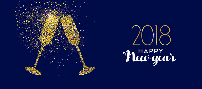 Happy New Year 2018 gold glitter glass toast
