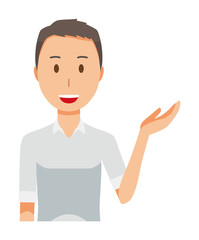 A man wearing a short-sleeved shirt is guiding