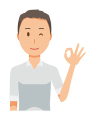 A man wearing a short sleeve shirt is playing an okay sign