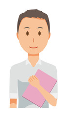 A man wearing a short sleeve shirt has a file