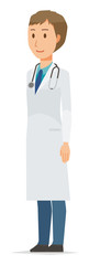 Fototapeta premium A young male doctor wearing a white suit is standing obliquely