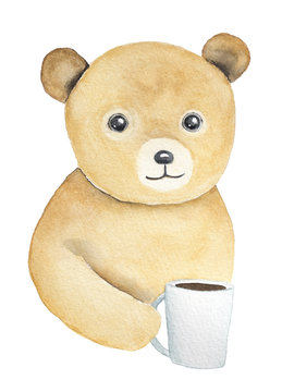 Teddy bear holding white glass cup in hand. Soft, cozy, warm, light, fluffy little one, shining beady eyes. Sympathy, children tea party invitation. Watercolour isolated illustration, white background