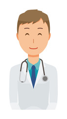 A young male doctor in a white suit is smiling