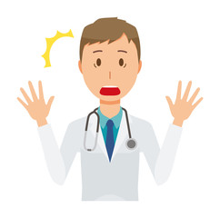Fototapeta premium A young male doctor wearing a white coat is surprised