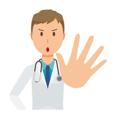 A young male doctor wearing a white suit is giving out his hand